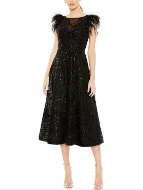 Mac Duggal Black Feather-Trim Embellished Midi Dress - Women